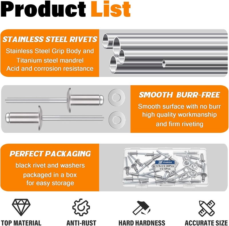 JTAREA 35pcs 1/4" x 1/2" Stainless Steel Pop Rivets with Stainless Steel Washers 6.4 x 12.7mm Blind Rivet Assortment Kit - Image 3